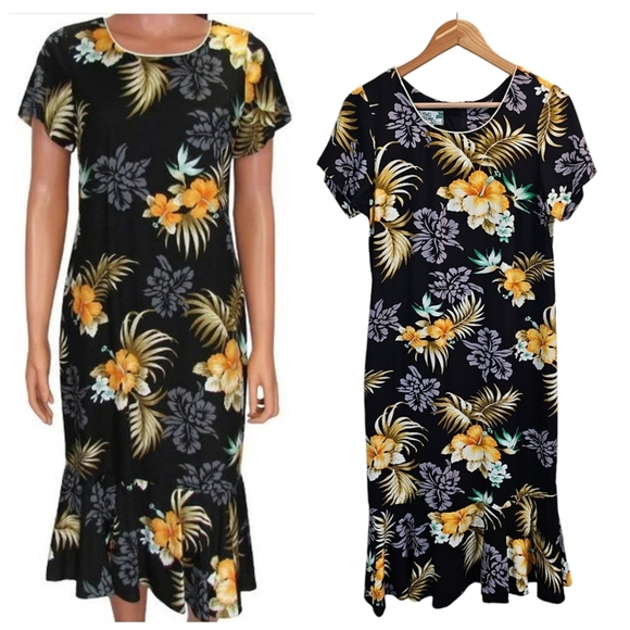 Hawaiian Two Palms Passion Black Laka Midi Dress Sz Large Hibiscus Flower Resort - Picture 1 of 10